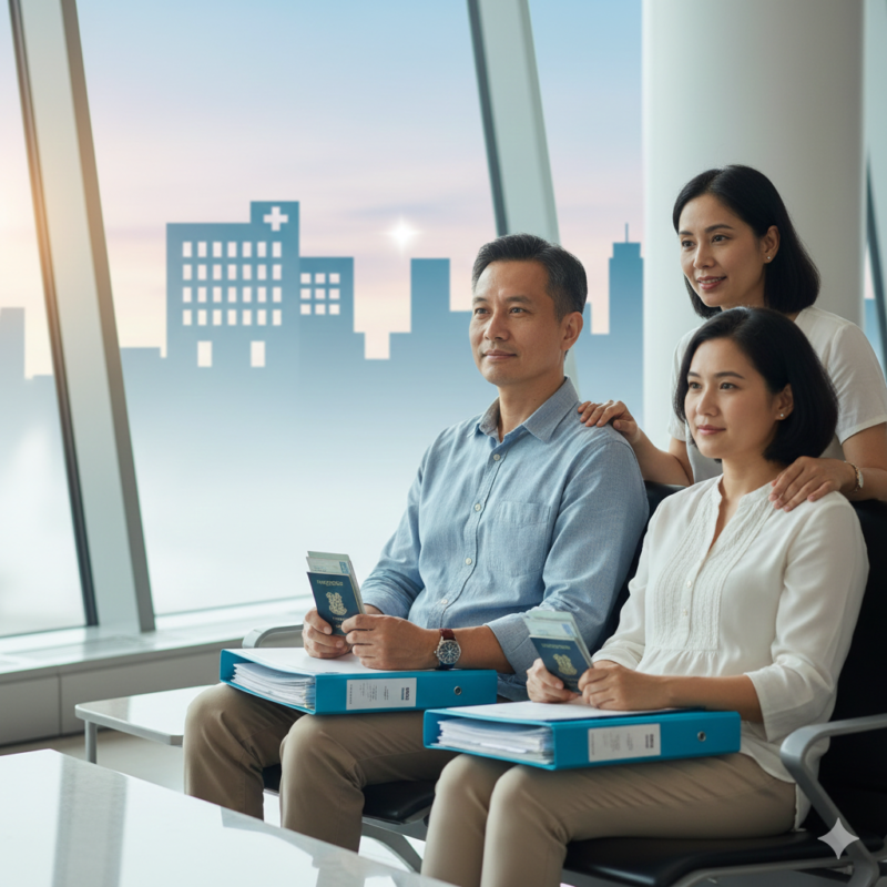 Singapore patient and family preparing medical travel documents for an Indian medical visa at an airport, with modern hospital care in focus