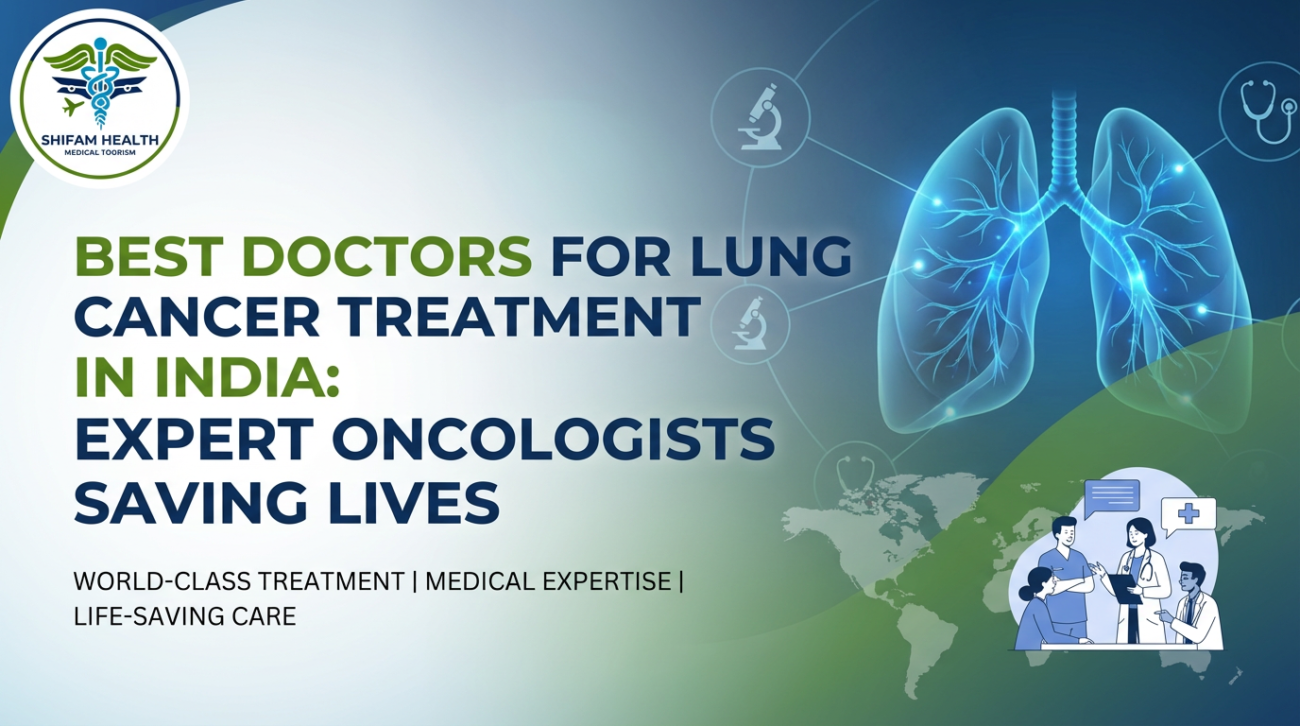 Best Lung Cancer Treatment Doctors in India for International Patients banner showing Shifam Health logo, medical team illustration, and digital lungs graphic highlighting expert oncology care.