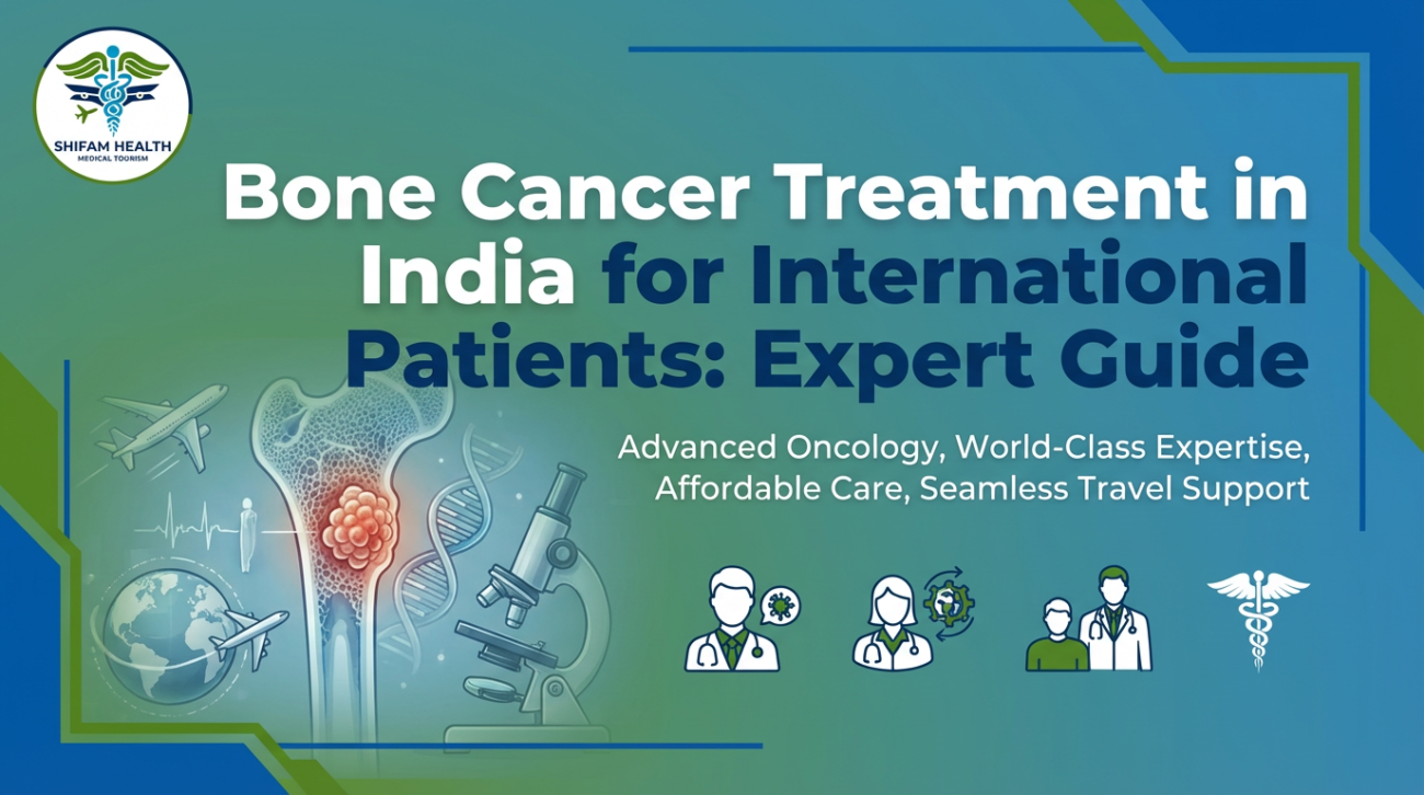 Best Bone Cancer Treatment in India for International Patients banner showing bone tumor illustration, DNA strand, microscope, travel icons, and Shifam Health medical tourism branding.