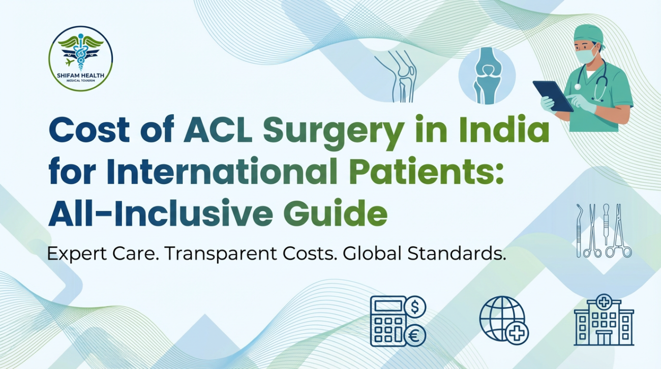 Promotional banner for Cost of ACL Surgery in India for International Patients featuring orthopedic visuals, surgical instruments, and Shifam Health medical tourism branding.