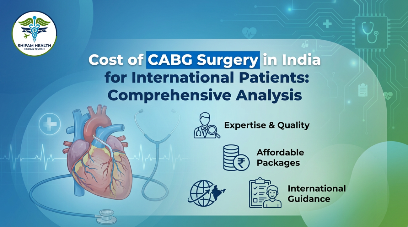 Illustration of a human heart with stethoscope and medical icons alongside text about the cost of CABG surgery in India for international patients, highlighting affordable packages, expert care, and international guidance.