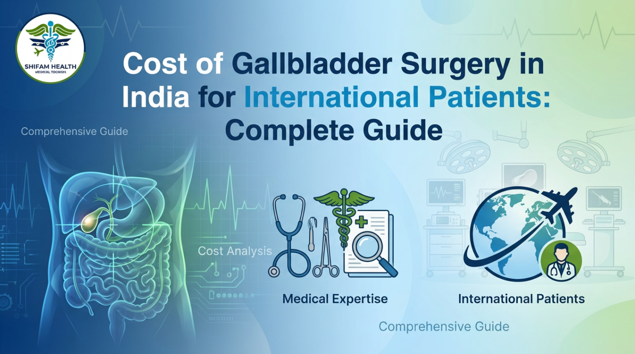 Promotional banner for Cost of Gallbladder Surgery in India for International Patients featuring digestive system illustration, medical icons, and Shifam Health medical tourism branding.