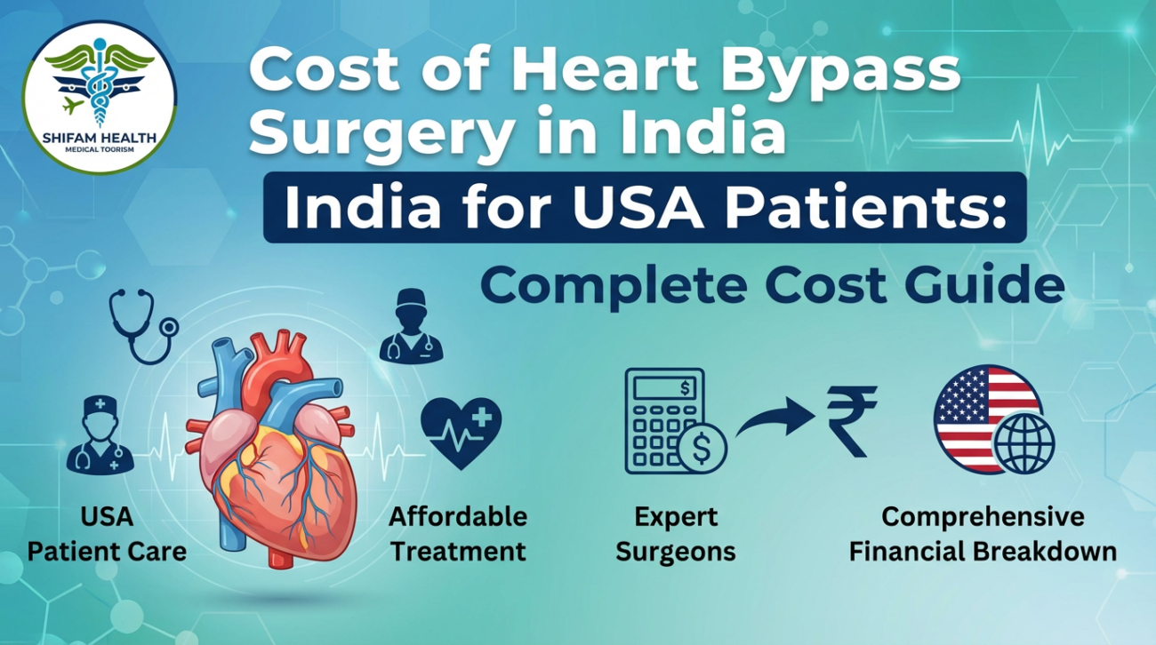 Infographic showing the cost of heart bypass in India for USA patients, featuring a heart illustration, cardiac care icons, surgeons, calculator, currency symbols, and US flag to represent affordable bypass surgery and international patient services.