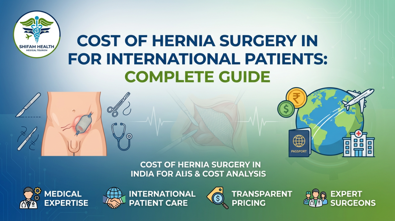 Promotional banner titled “Cost of Hernia Surgery in India for International Patients: Complete Guide” showing hernia repair illustration, surgical tools, globe, airplane, and Shifam Health medical tourism branding.