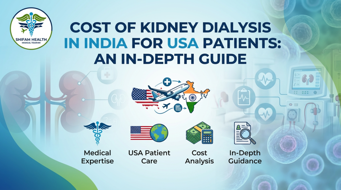 Cost of Kidney Dialysis in India for USA Patients infographic banner showing Shifam Health logo, kidneys illustration, dialysis machine, India–USA travel graphic, and cost analysis icons