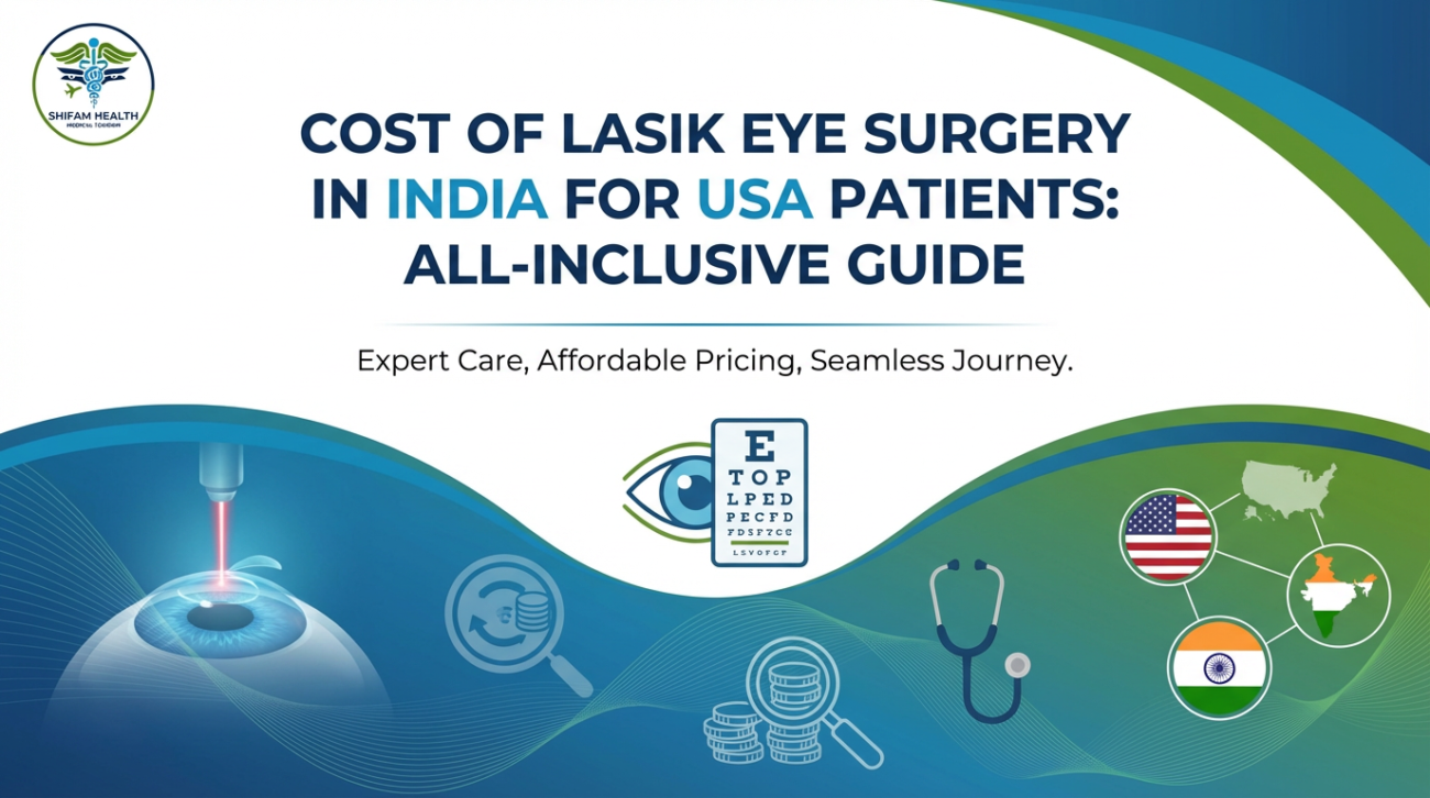 Cost of LASIK eye surgery in India for USA patients infographic showing laser eye procedure illustration, eye chart, pricing icons, stethoscope, India–USA flags, and Shifam Health branding.