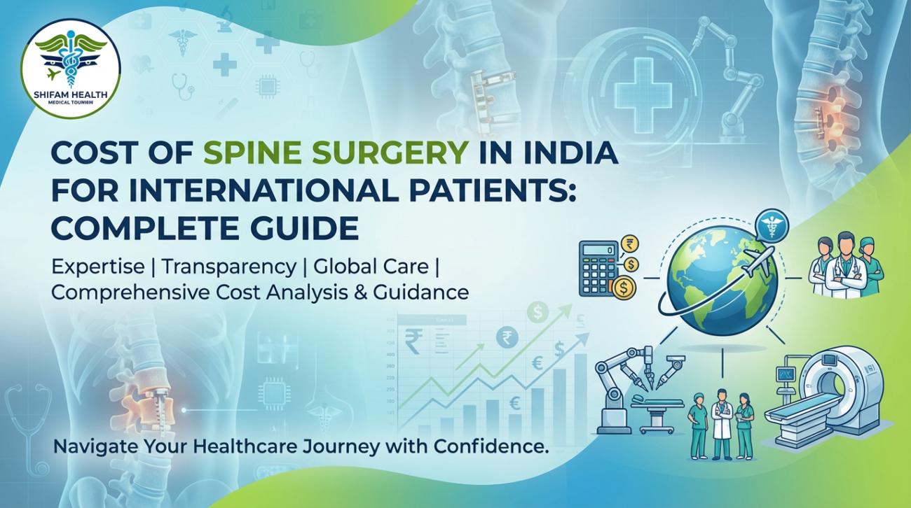 Cost of spine surgery in India for international patients, showing advanced spine implants, global travel icons, medical team, and modern surgical technology.