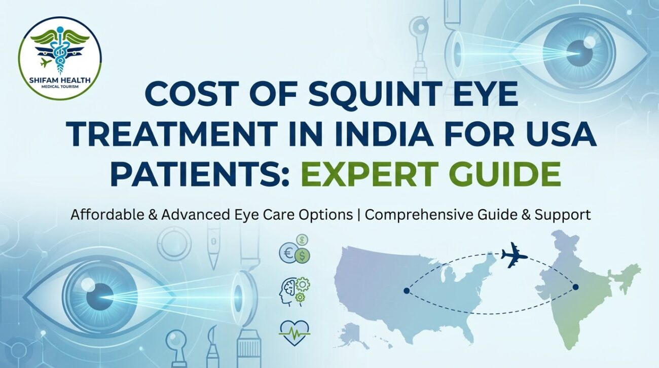 Infographic titled Cost of Squint Eye Treatment in India for USA Patients showing eye examination visuals, laser eye graphics, medical icons, currency symbols, and a flight path between the USA and India.