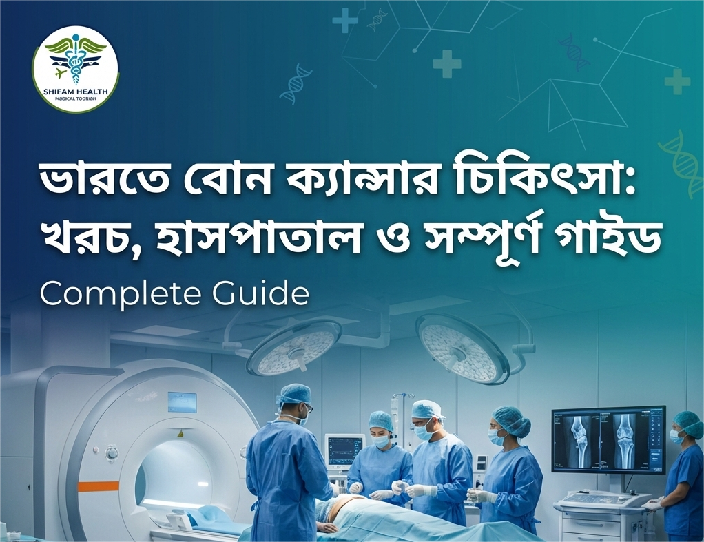 ভারতে বোন ক্যান্সারের উন্নত চিকিৎসা প্রদর্শন করা হচ্ছে, যেখানে ডাক্তাররা লিম্ব-সালভেজ সার্জারি করছেন, রোগী কেমোথেরাপি নিচ্ছেন, MRI ও PET-CT স্ক্যান দৃশ্যমান এবং Shifam Health লোগো পাশে রয়েছে।