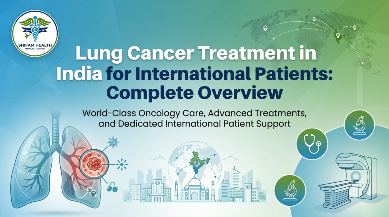 Lung Cancer Treatment in India for International Patients banner showing lung tumor illustration, oncology equipment, global map with India highlighted, and Shifam Health branding.