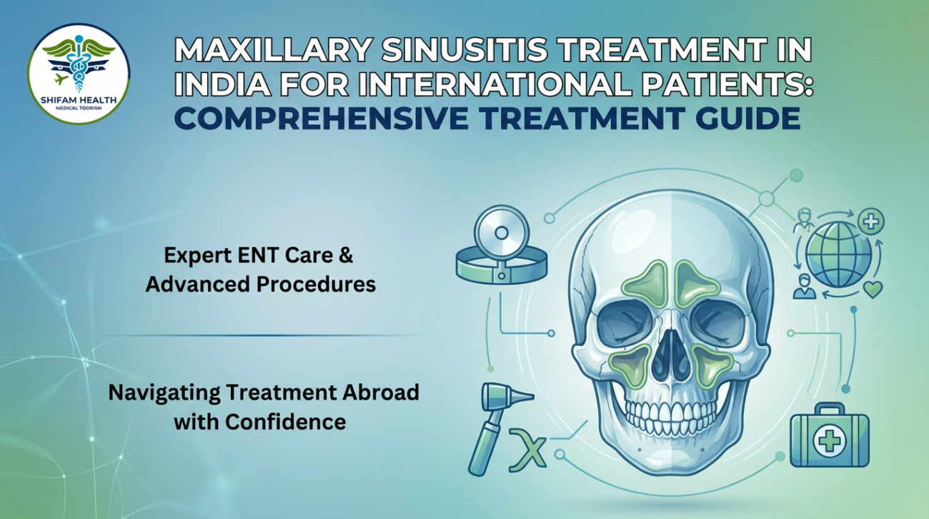 Medical infographic showing maxillary sinusitis treatment in India for international patients, featuring a skull illustration with highlighted sinus areas, ENT tools, and healthcare icons representing advanced sinus surgery and global medical travel.