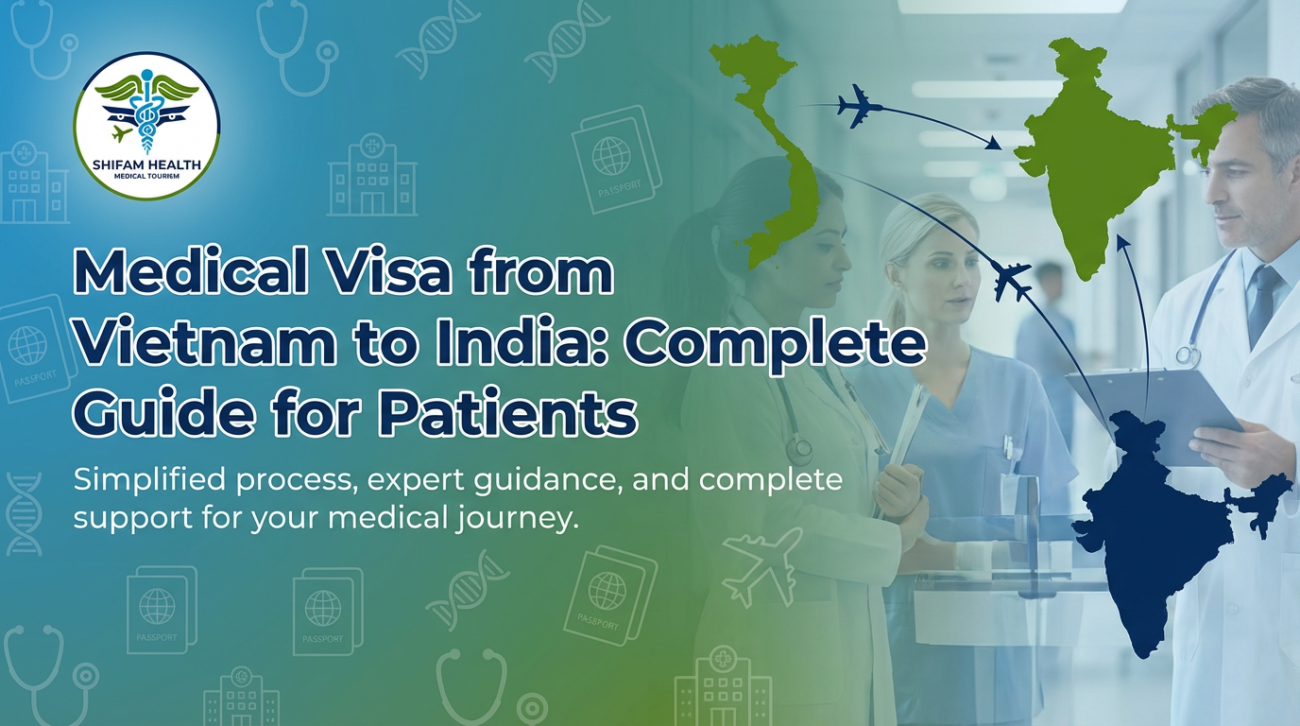 Medical visa from Vietnam to India guide for patients showing travel route between Vietnam and India with doctors and healthcare professionals supporting international medical tourism.