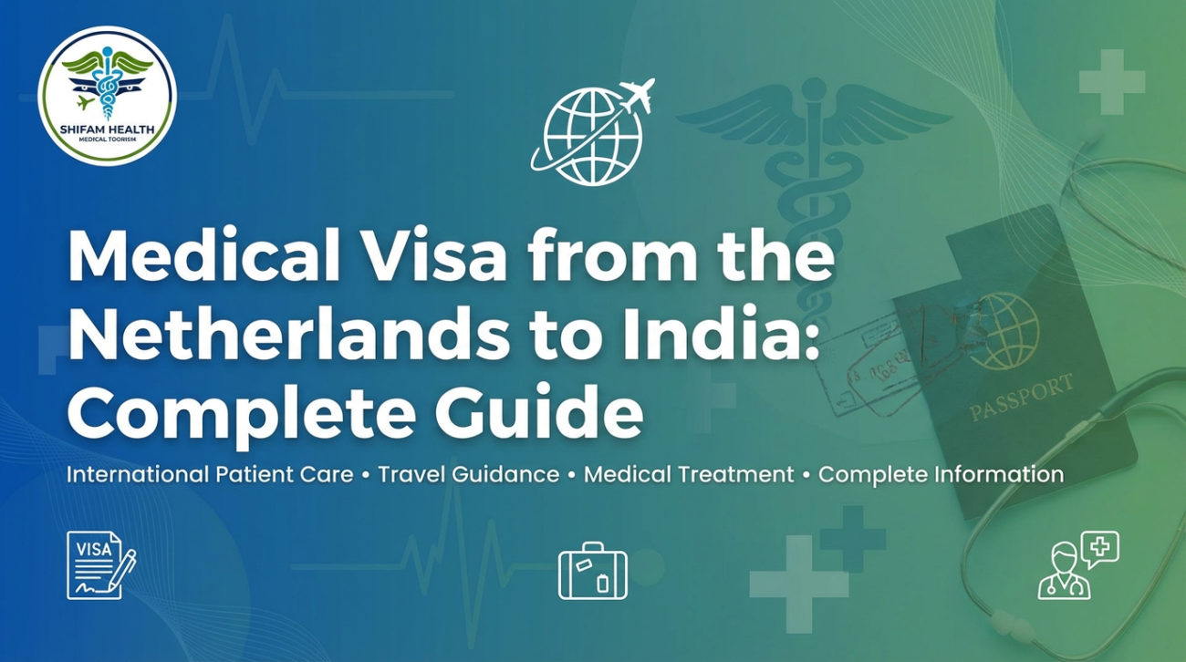 Banner showing passport, visa stamp, stethoscope, and healthcare icons with text about Medical Visa From Netherlands to India complete guide for international patients.