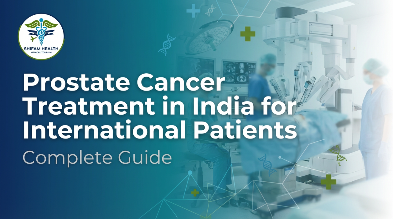 Prostate Cancer Treatment in India for International Patients – Complete guide banner showing robotic surgery setup, operating room team, and Shifam Health medical tourism branding.