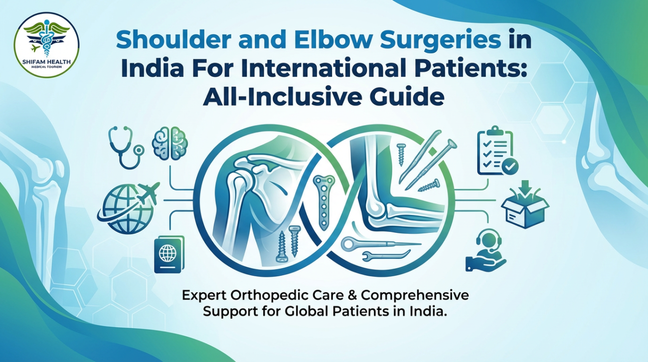 Infographic for Shoulder and Elbow Surgeries in India for International Patients showing shoulder and elbow joint illustrations, orthopedic implants and surgical tools, hospital care icons, travel symbols, and Shifam Health branding.