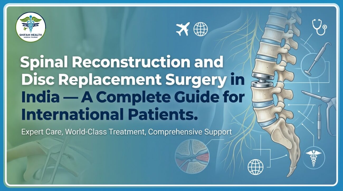 Banner image for Spinal Reconstruction and Disc Replacement Surgery in India for International Patients showing a detailed spine illustration, surgical instruments, and Shifam Health medical tourism branding.