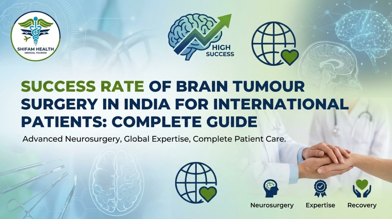 Banner for Success Rate of Brain Tumor Surgery in India for International Patients featuring brain illustrations, neurosurgical instruments, a doctor holding a patient’s hand, and Shifam Health medical tourism branding.