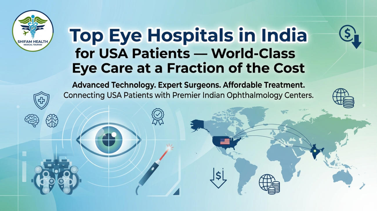 Promotional banner for Top Eye Hospitals in India for USA Patients showing eye care graphics, India–USA map connection, and Shifam Health medical tourism branding.