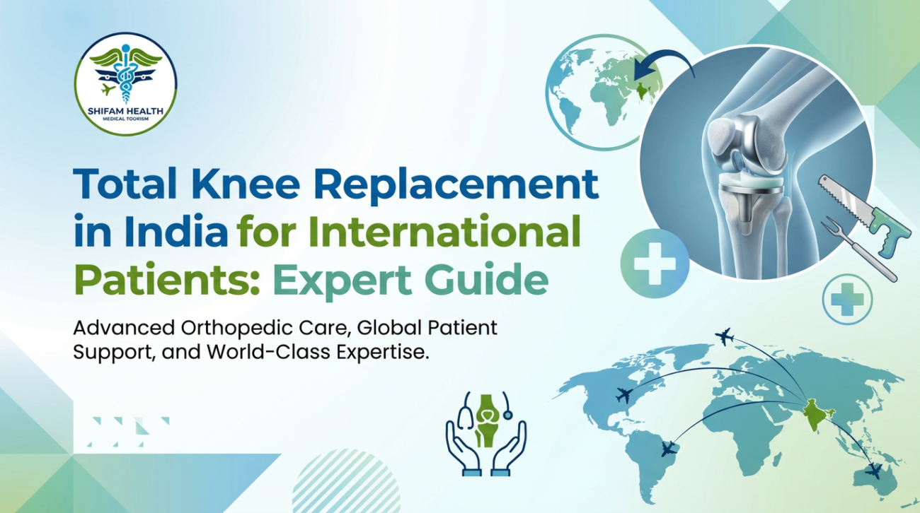 Infographic illustrating total knee replacement in India for international patients, showing an artificial knee joint, orthopedic surgical tools, global travel icons, and medical care symbols representing advanced joint replacement treatment.