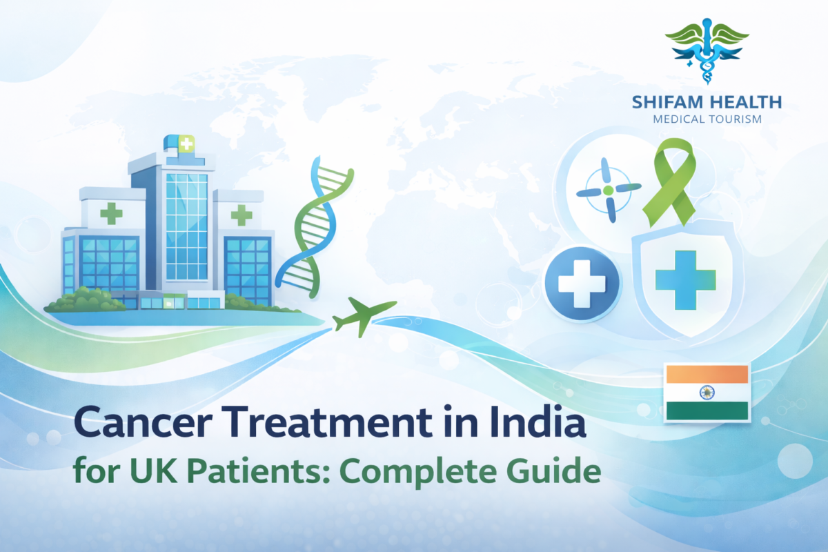 Medical infographic-style image showing hospitals and oncology icons representing cancer treatment in India for UK patients.