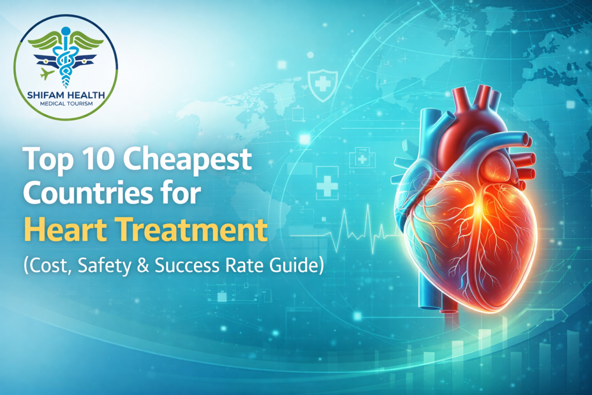 Medical illustration of an anatomical heart with global healthcare background representing cost, safety and success rate comparison for heart treatment abroad.