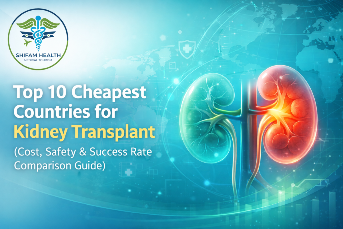 Medical illustration of kidneys with transplant highlight showing cost, safety and success rate comparison for cheapest kidney transplant countries.