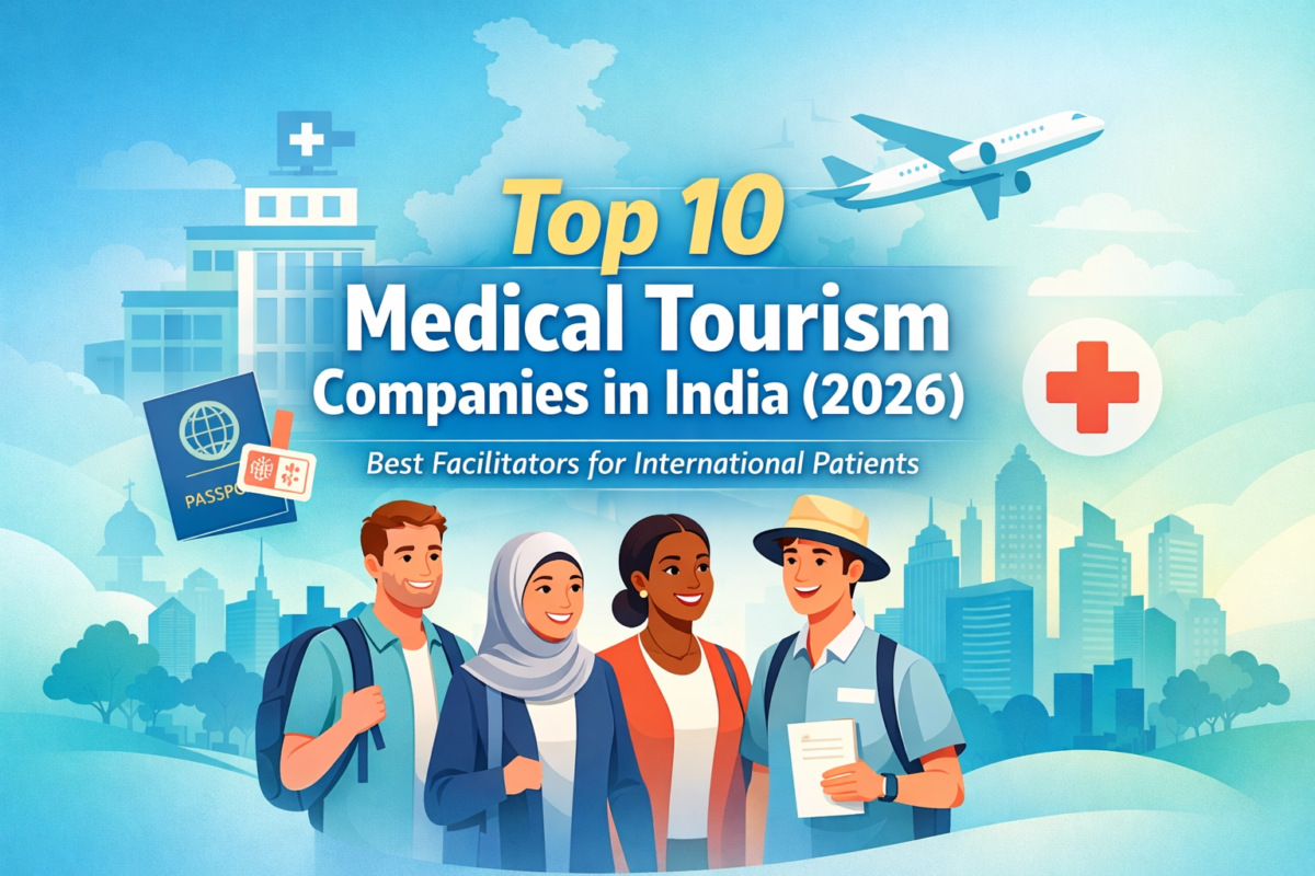 Illustration of top 10 medical tourism companies in India 2026 with hospital, airplane, passport and international patients.