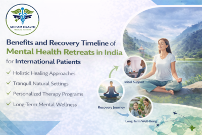 Mental health retreat in India showing therapy sessions, yoga, meditation, and holistic healing for international patients with stress and anxiety recovery.