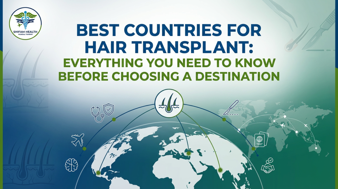 Best Countries for Hair Transplant guide showing global destinations, hair follicle illustration, medical travel icons, and international hair transplant treatment options.