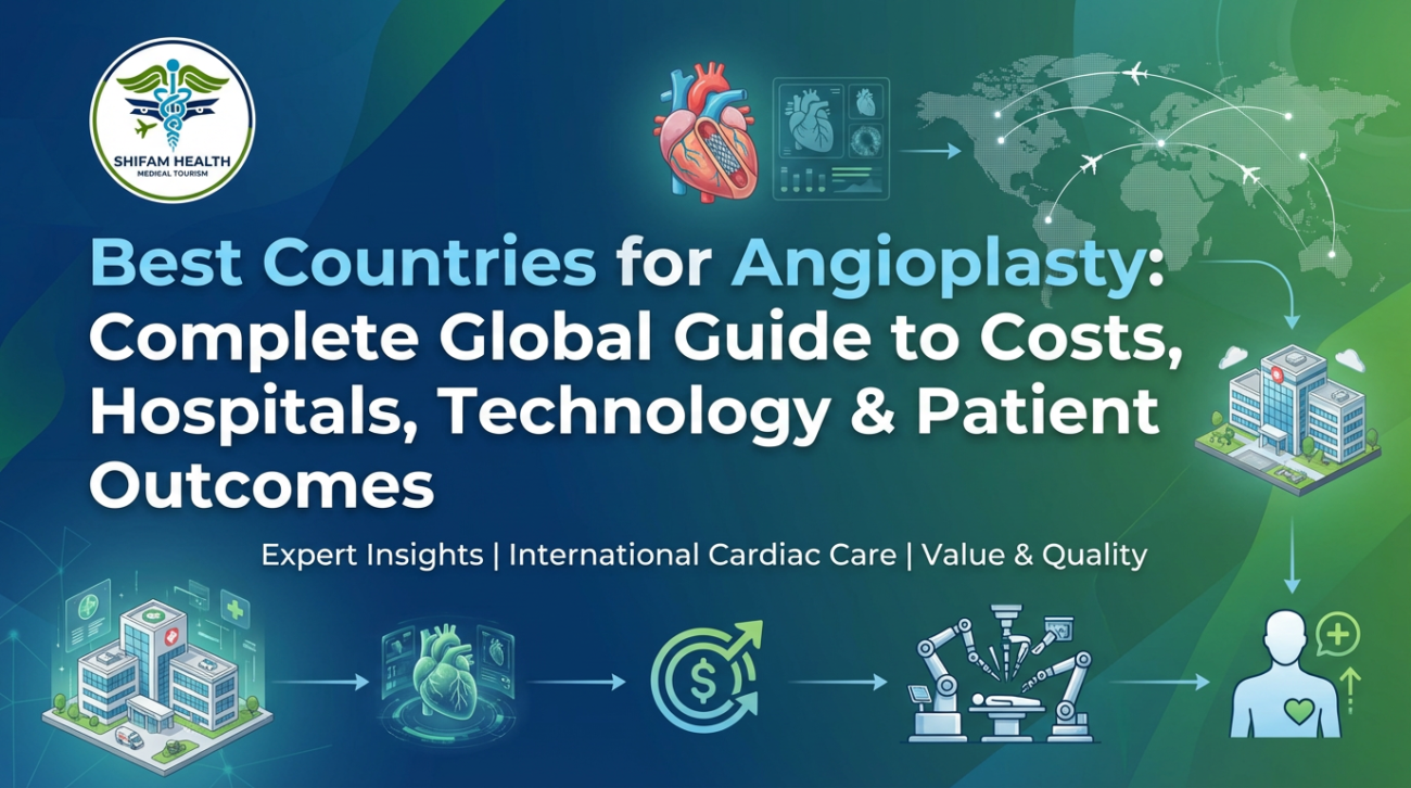 Illustration showing the Best Countries for Angioplasty, featuring heart diagram, global healthcare network, hospital icons, cost analysis, and advanced medical technology for international cardiac patients.