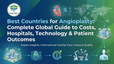 Illustration showing the Best Countries for Angioplasty, featuring heart diagram, global healthcare network, hospital icons, cost analysis, and advanced medical technology for international cardiac patients.