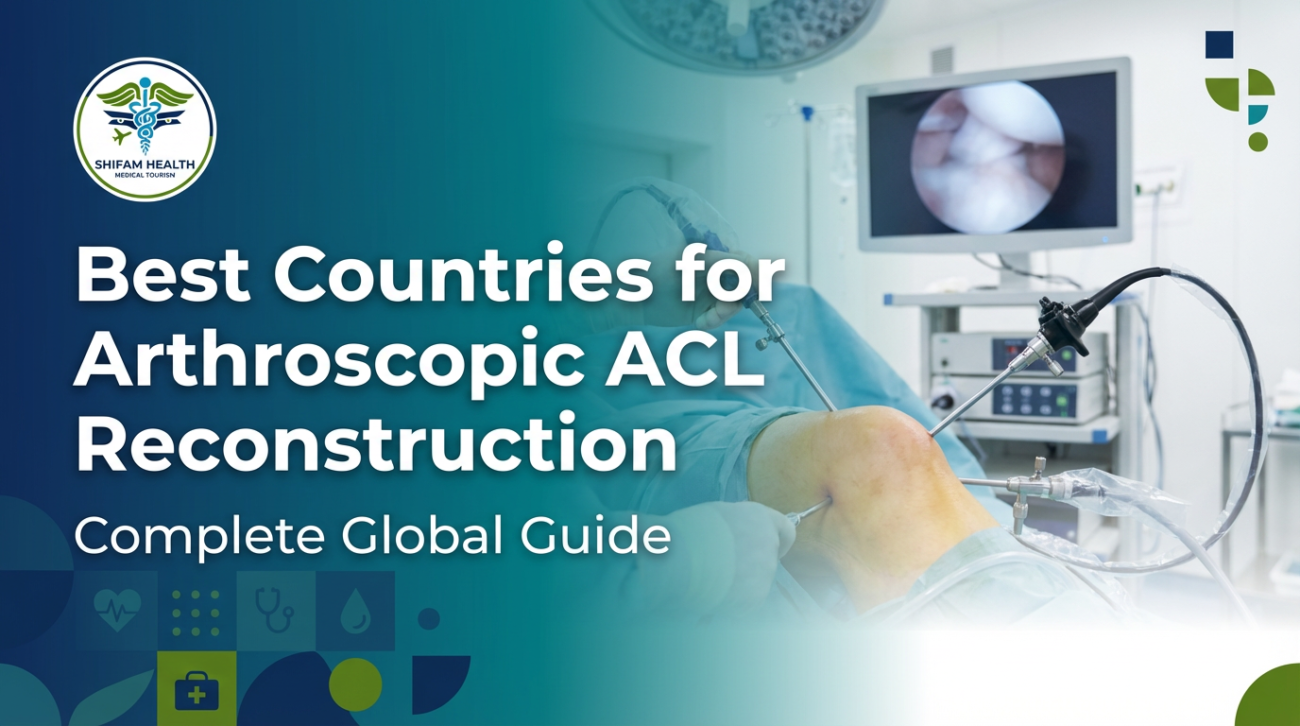 Shifam Health Medical Tourism promotional banner titled "Best Countries for Arthroscopic ACL Reconstruction — Complete Global Guide" featuring a medical illustration of the knee joint with arthroscopic instruments, a surgical camera monitor in the background, and digital health icons on a blue gradient backdrop.