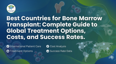 Graphic illustrating the Best Countries for Bone Marrow Transplant, showing global medical travel, bone marrow cells, hospital networks, and international treatment options for patients seeking advanced transplant care.