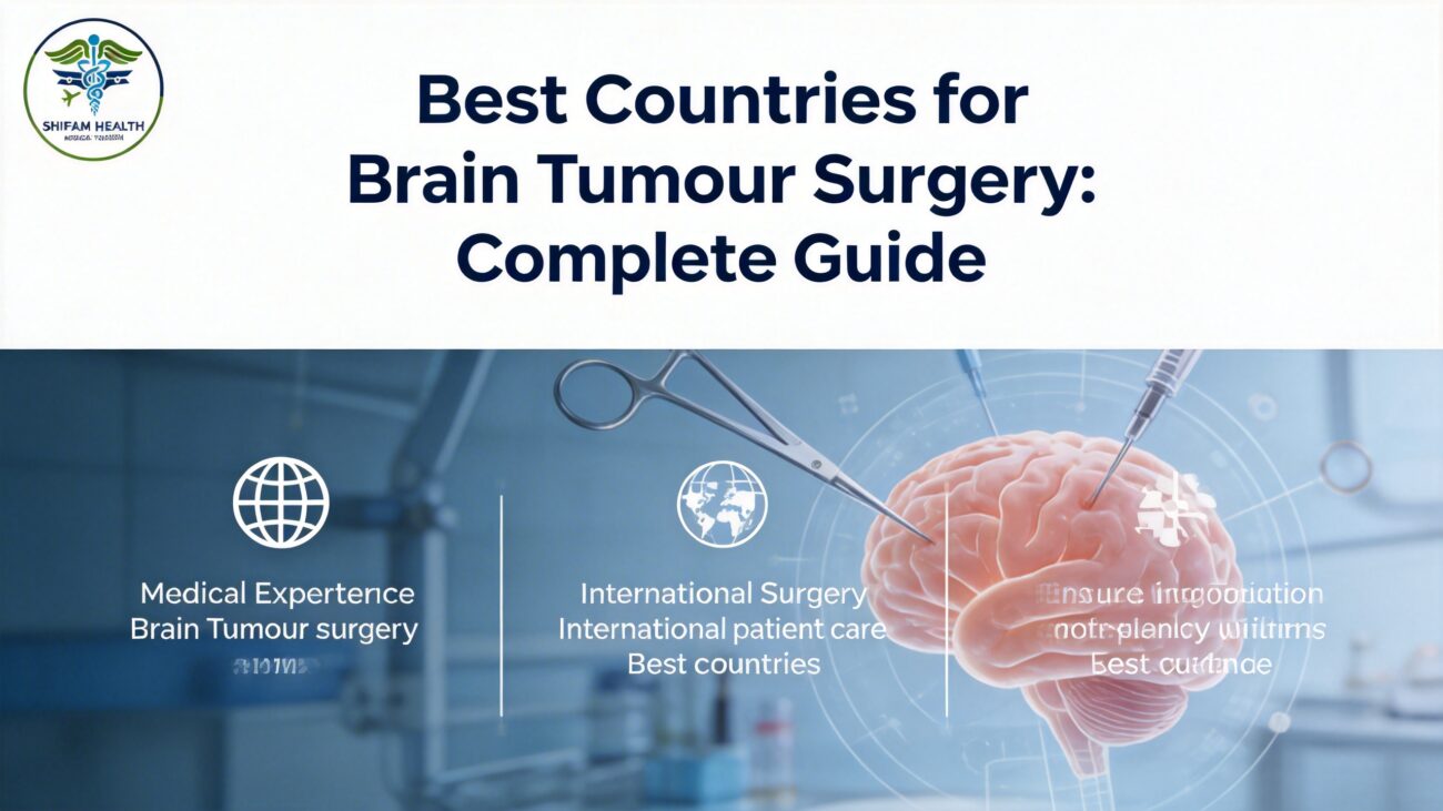 Best Countries for Brain Tumour Surgery guide showing brain surgery illustration, neurosurgical instruments, and international medical expertise for advanced brain tumour treatment.