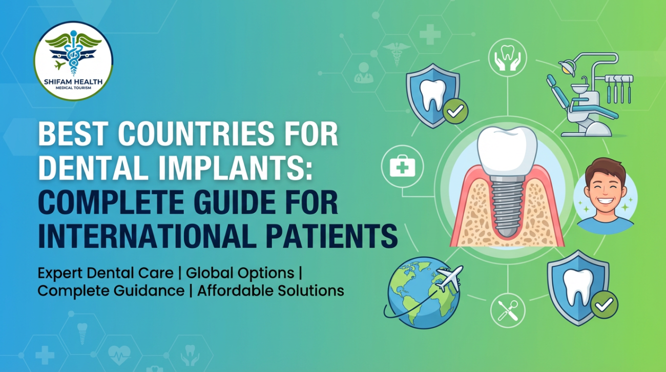 Illustration showing the Best Countries for Dental Implants, featuring a dental implant diagram, global travel elements, dental clinic setup, and healthcare icons for international patients.