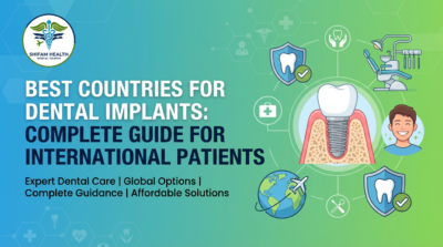 Illustration showing the Best Countries for Dental Implants, featuring a dental implant diagram, global travel elements, dental clinic setup, and healthcare icons for international patients.
