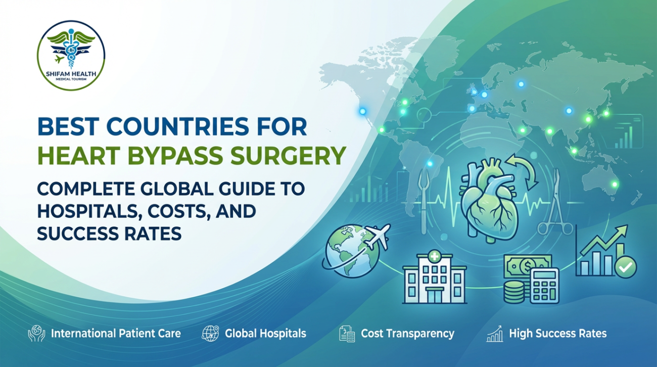 Graphic illustrating the Best Countries for Heart Bypass Surgery, showing global medical travel, heart surgery concept, hospital icons, cost analysis, and international healthcare network.