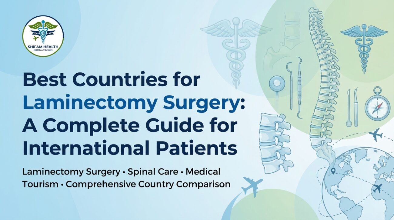 Infographic banner for Shifam Health Medical Tourism titled "Best Countries for Laminectomy Surgery: A Complete Guide for International Patients," featuring illustrated spinal anatomy, surgical instruments, a globe, and airplanes against a blue and green gradient background.