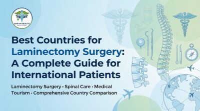 Infographic banner for Shifam Health Medical Tourism titled "Best Countries for Laminectomy Surgery: A Complete Guide for International Patients," featuring illustrated spinal anatomy, surgical instruments, a globe, and airplanes against a blue and green gradient background.