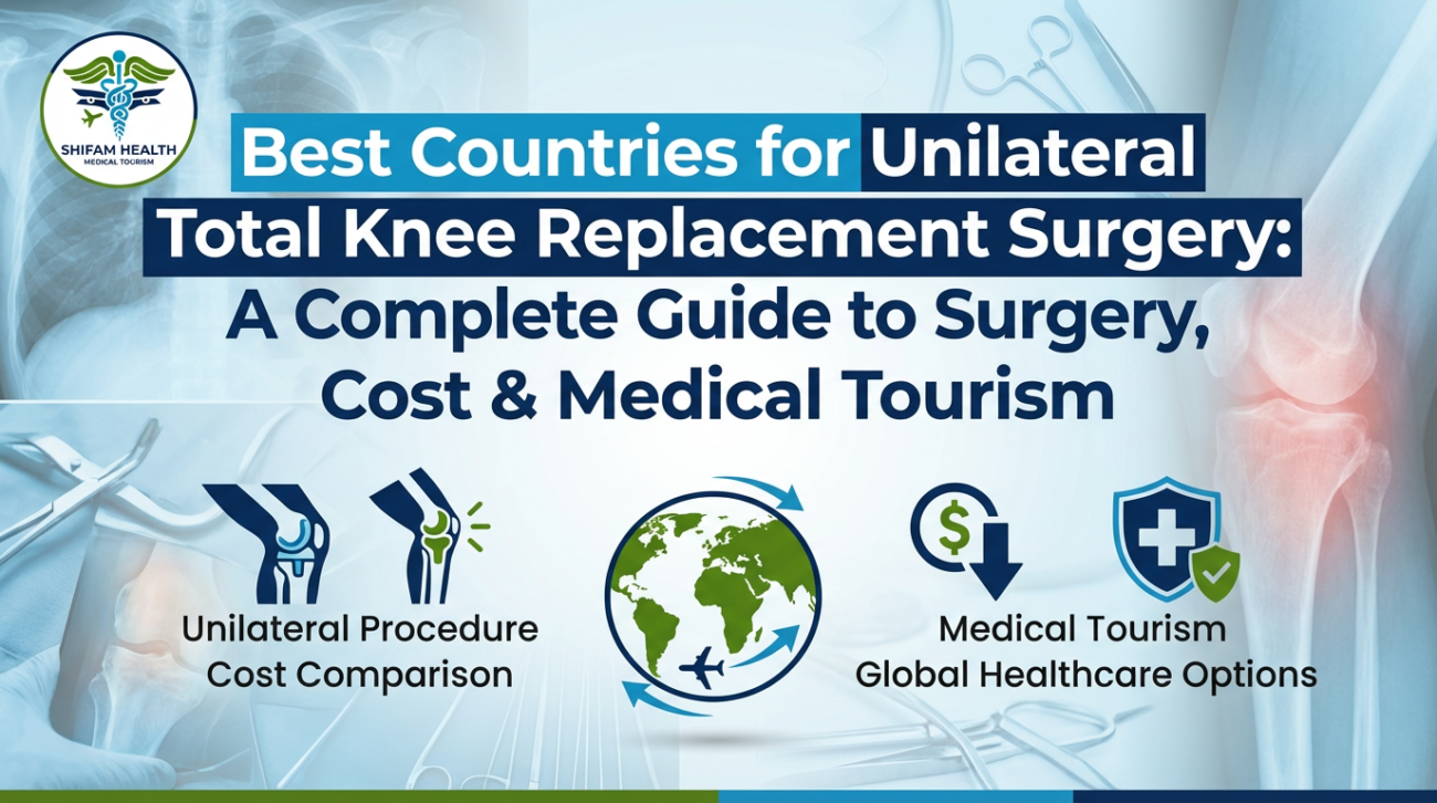 Infographic by Shifam Health Medical Tourism titled Best Countries for Unilateral Total Knee Replacement Surgery: A Complete Guide to Surgery, Cost and Medical Tourism, featuring knee joint illustrations, a global travel icon, cost comparison symbol, and medical tourism shield icon representing unilateral procedure cost comparison and global healthcare options.