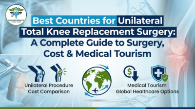 Infographic by Shifam Health Medical Tourism titled Best Countries for Unilateral Total Knee Replacement Surgery: A Complete Guide to Surgery, Cost and Medical Tourism, featuring knee joint illustrations, a global travel icon, cost comparison symbol, and medical tourism shield icon representing unilateral procedure cost comparison and global healthcare options.