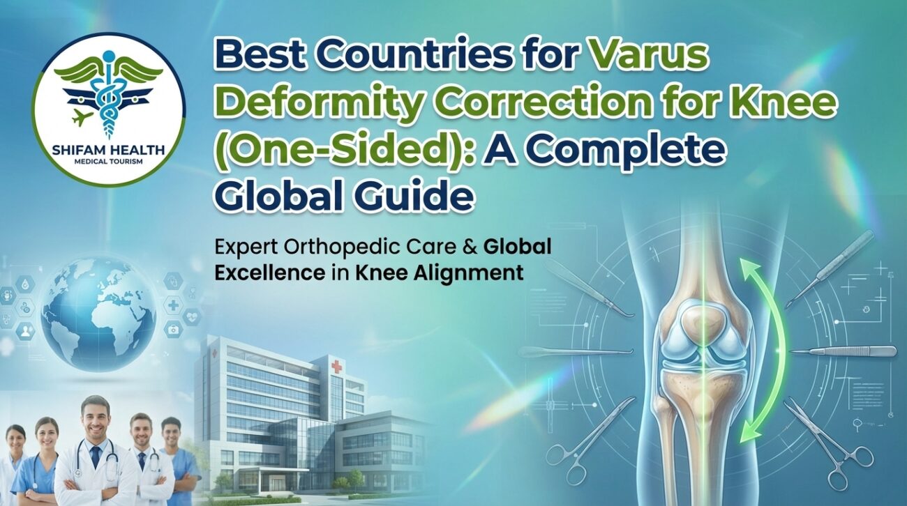 Best Countries for Varus Deformity Correction for the Knee infographic showing knee alignment correction, orthopedic surgery tools, and global medical tourism destinations