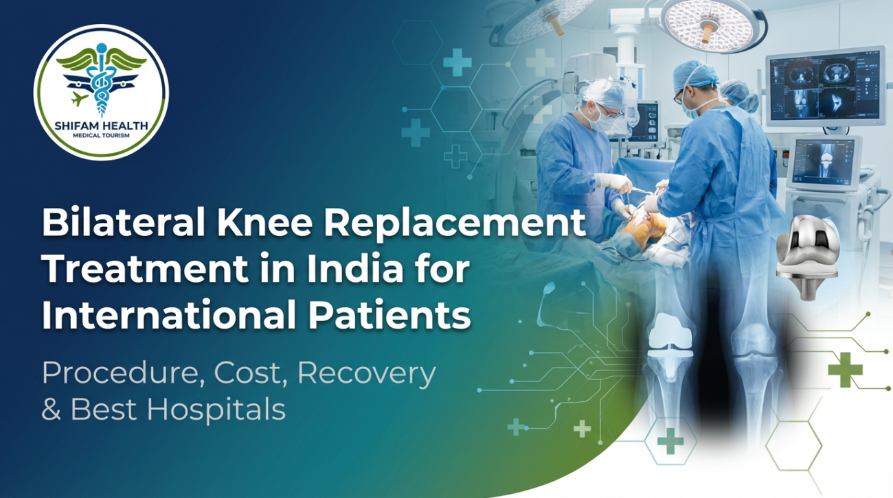 Illustration showing Bilateral Knee Replacement Treatment in India, featuring surgeons performing knee surgery, knee implant model, hospital setup, and advanced orthopedic care for international patients.