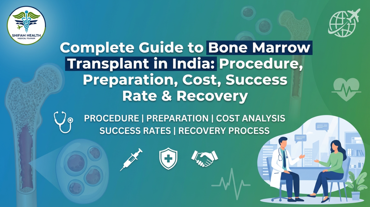 Illustration representing Bone Marrow Transplant in India, showing a global healthcare network, hospital facility, medical icons, and advanced treatment options for international patients seeking specialized transplant care in India.