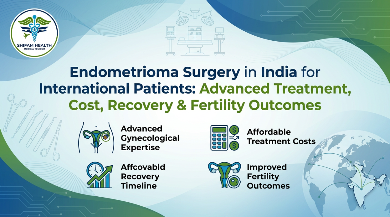 Illustration showing Endometrioma Surgery in India, featuring gynecological anatomy, surgical tools, cost icons, recovery timeline, and fertility treatment outcomes for international patients.