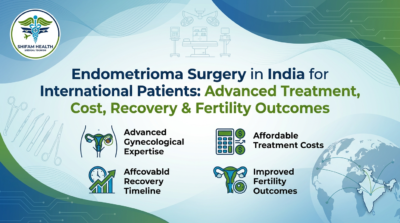 Illustration showing Endometrioma Surgery in India, featuring gynecological anatomy, surgical tools, cost icons, recovery timeline, and fertility treatment outcomes for international patients.