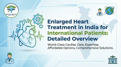 Illustration representing Enlarged Heart Treatment in India, showing a heart diagram with ECG line, hospital icons, doctors, and global healthcare connectivity for international patients.
