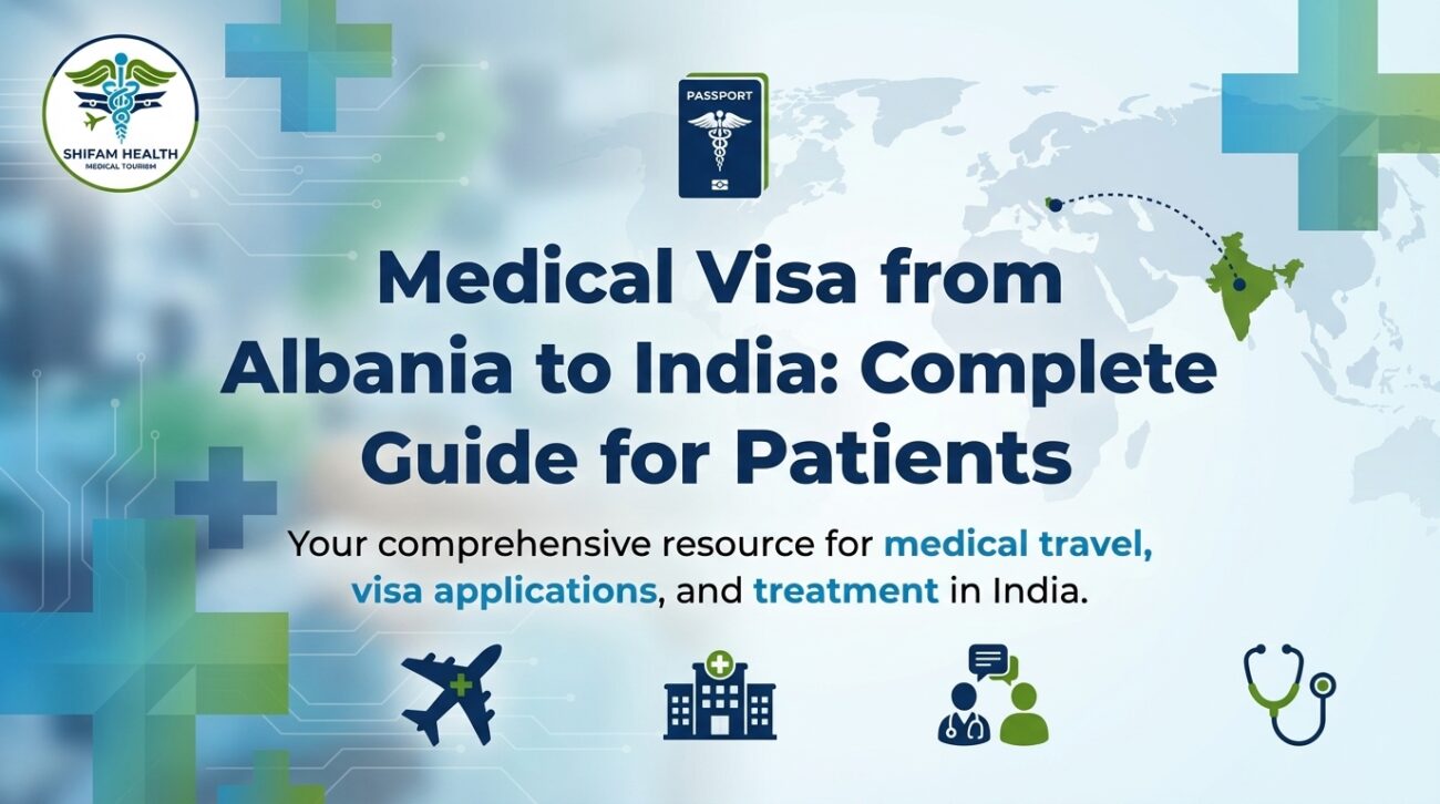 Medical Visa from Albania to India infographic showing visa process, travel route, hospital care, and international patient services