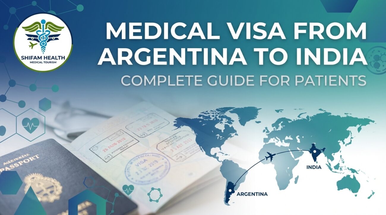Medical Visa from Argentina to India infographic showing passport, visa stamps, global travel route, and international medical tourism process
