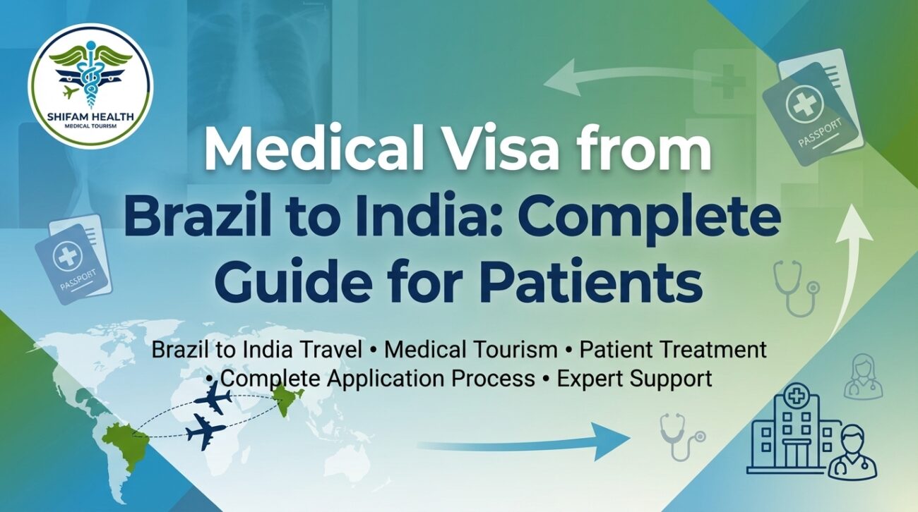 Infographic by Shifam Health Medical Tourism titled Medical Visa from Brazil to India: Complete Guide for Patients, featuring illustrated passports, airplanes travelling from Brazil to India on a world map, and icons of a hospital, doctor, and stethoscope, covering Brazil to India Travel, Medical Tourism, Patient Treatment, Complete Application Process, and Expert Support.
